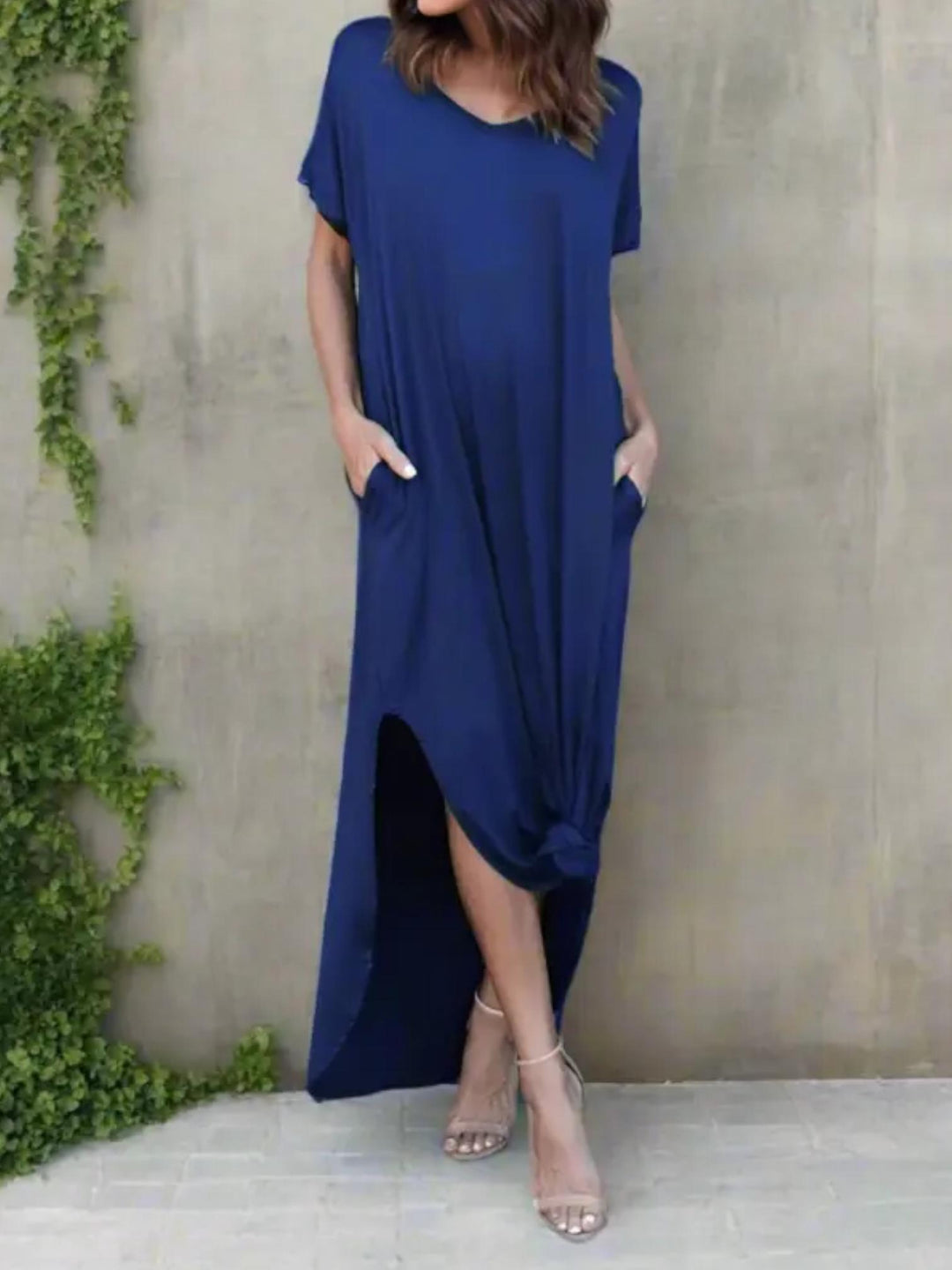 Woman wearing Blue T-Shirt Maxi Dress with V-neck | Lunova