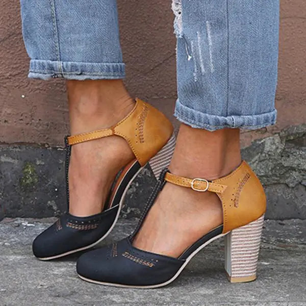 Black T-Strap Block Heel Pumps with cushioned | Lunova
