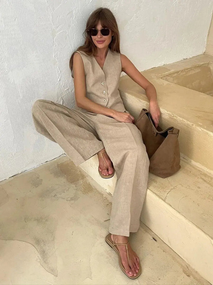 Woman wearing Tailored Two-Piece Set with sleeveless, high-waist — view 2 | Lunova