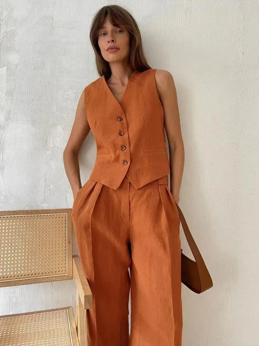 Woman wearing Tailored Two-Piece Set with sleeveless, high-waist — view 3 | Lunova