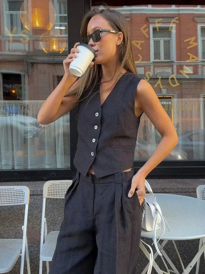Woman wearing Tailored Two-Piece Set with sleeveless, high-waist — view 4 | Lunova