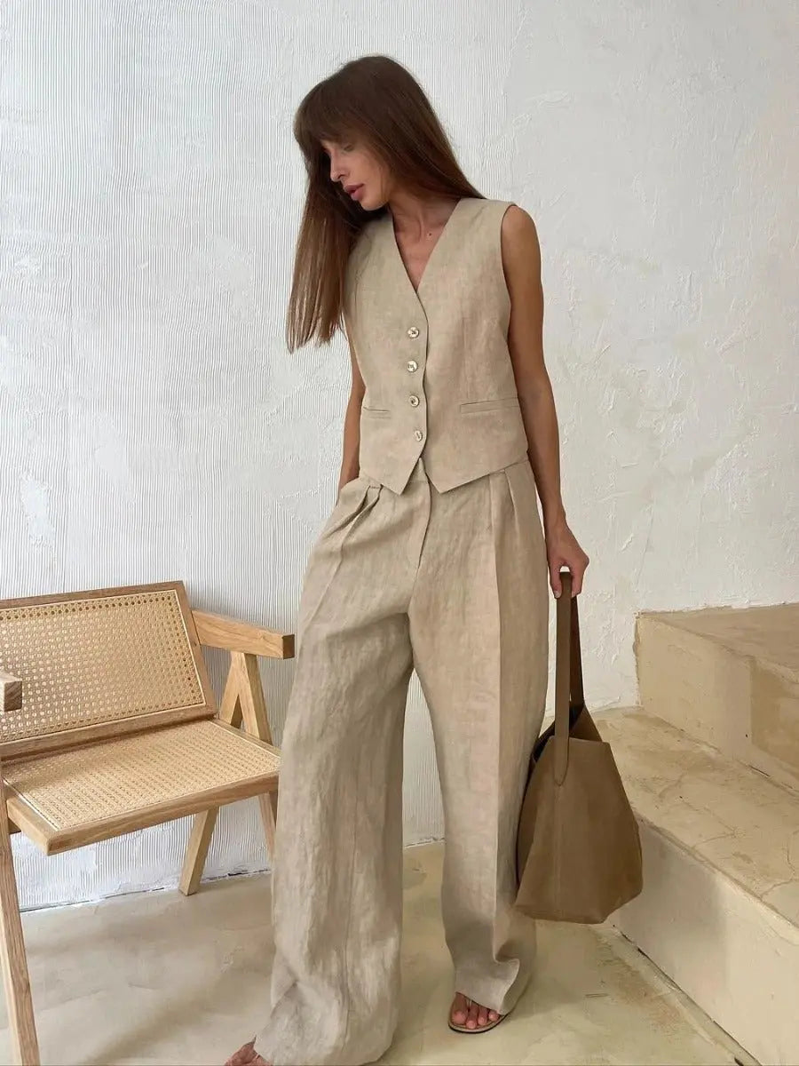 Woman wearing Beige Tailored Two-Piece Set with sleeveless, high-waist | Lunova