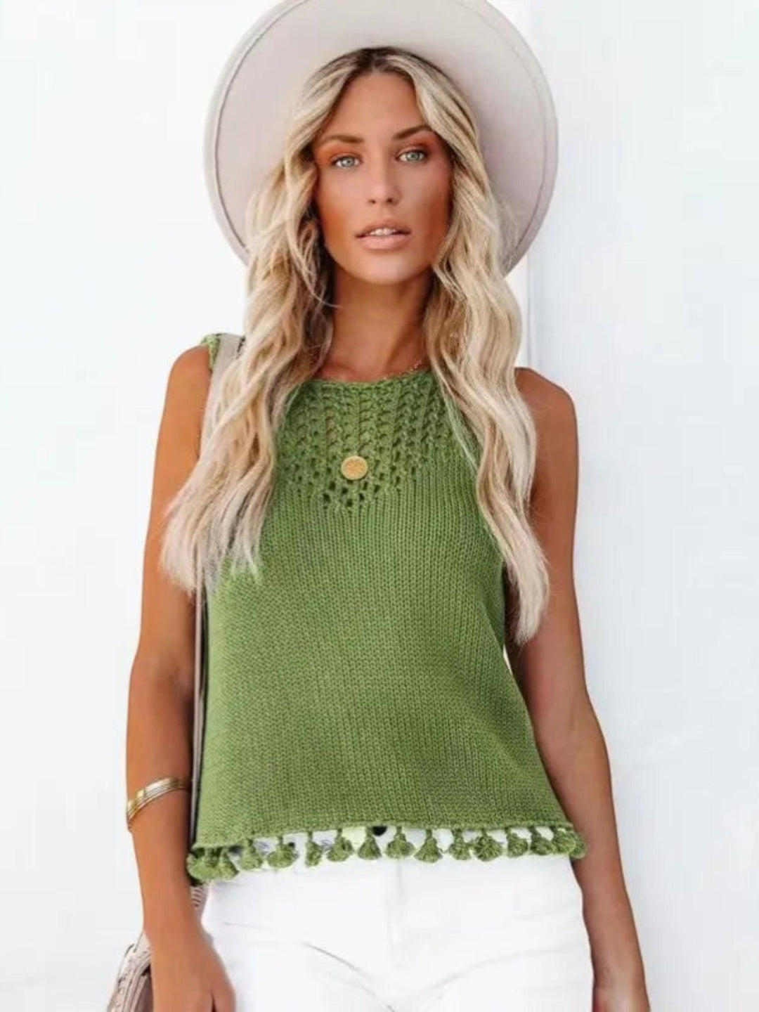 Woman wearing Green Tassel Sleeveless Top with relaxed, sleeveless | Lunova