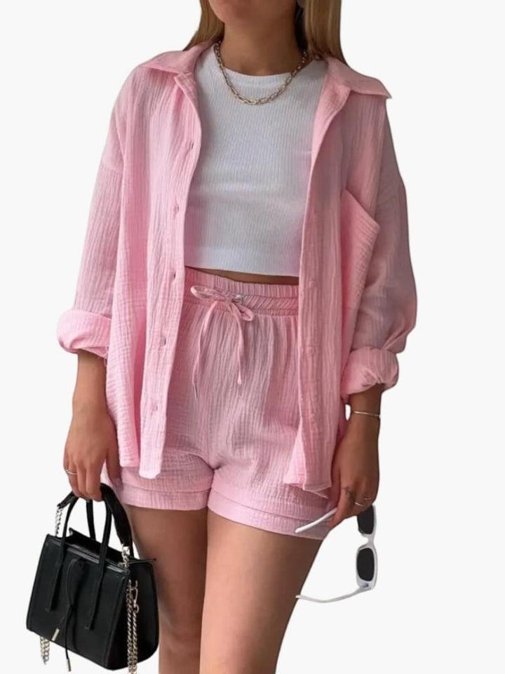 Woman wearing Pink Textured Three-Piece Set | Lunova