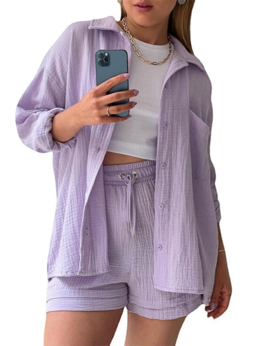 Woman wearing Purple Textured Three-Piece Set | Lunova