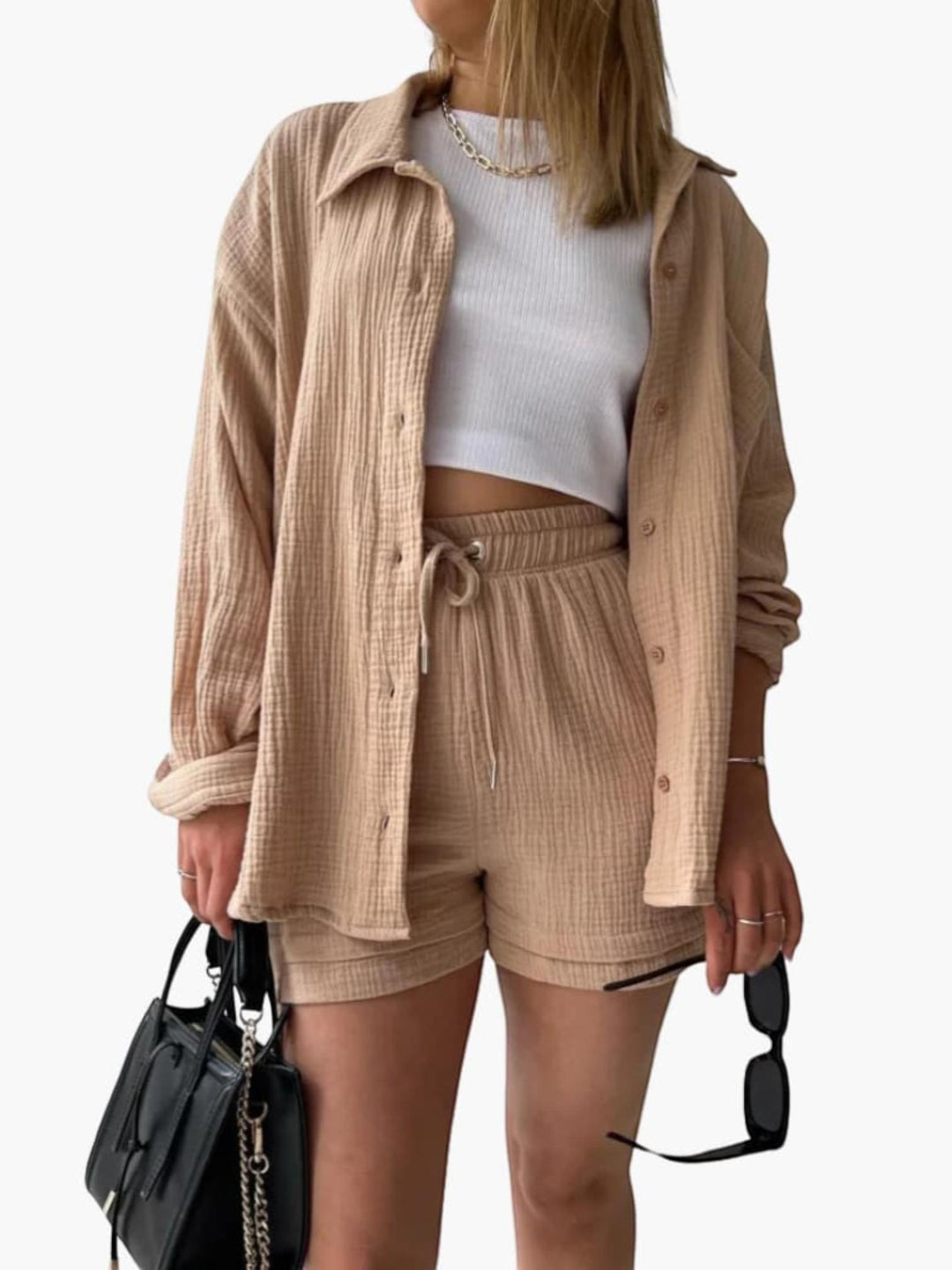 Woman wearing Khaki Textured Three-Piece Set | Lunova