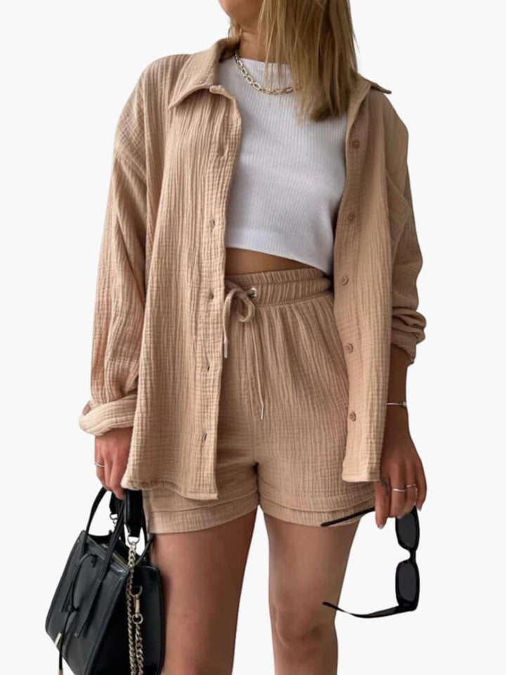 Woman wearing Khaki Textured Three-Piece Set | Lunova