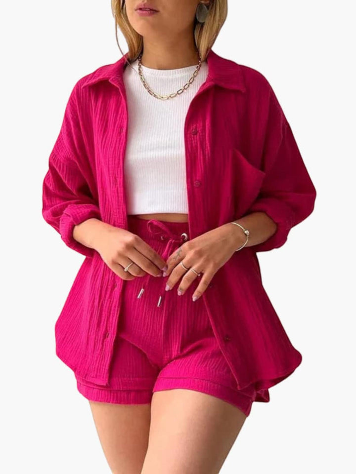 Woman wearing Red Textured Three-Piece Set | Lunova