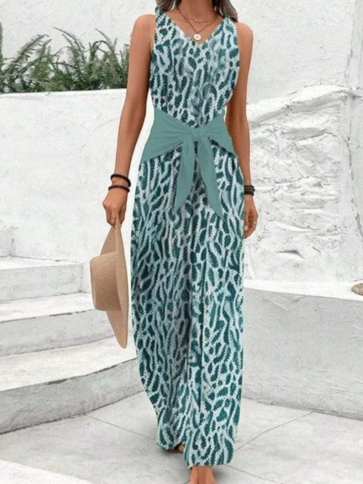 Woman wearing Green Tie-Waist Jumpsuit with wide-leg | Lunova