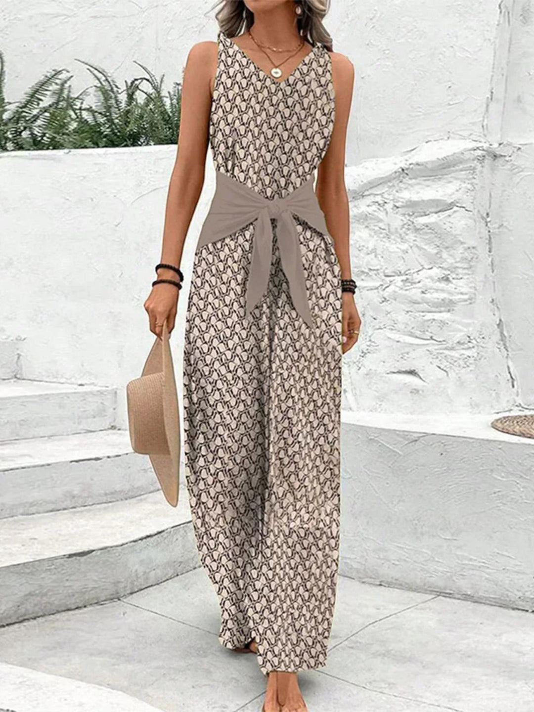 Woman wearing Beige Tie-Waist Jumpsuit with wide-leg | Lunova