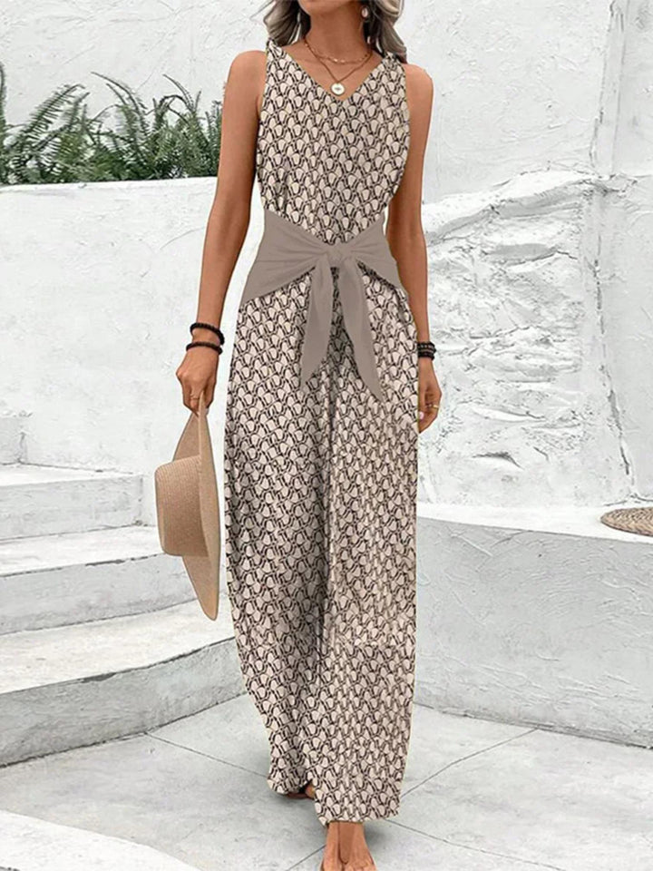 Woman wearing Beige Tie-Waist Jumpsuit with wide-leg | Lunova