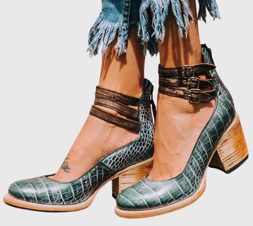 Blue Triple-Buckle Heel Sandals with buckle, cushioned | Lunova