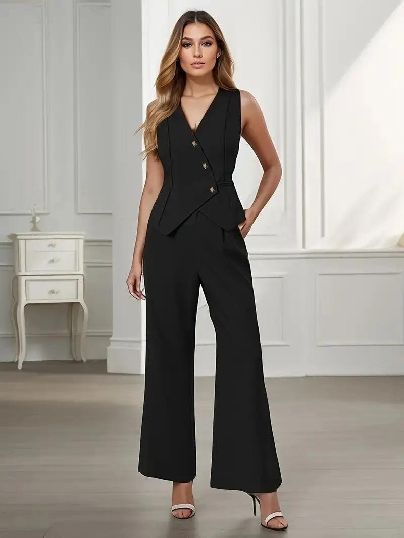Woman wearing Two Piece Tailored Set with V-neck, sleeveless — view 3 | Lunova