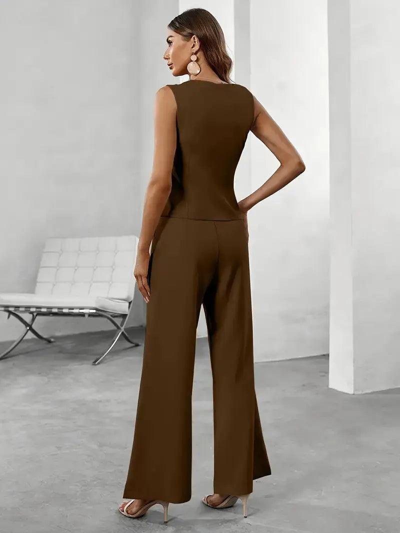 Woman wearing Two Piece Tailored Set with V-neck, sleeveless — view 4 | Lunova