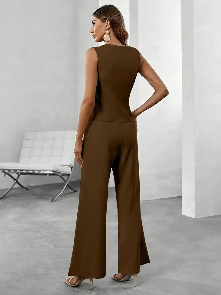 Woman wearing Two Piece Tailored Set with V-neck, sleeveless — view 4 | Lunova