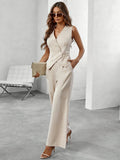 Woman wearing Khaki Two Piece Tailored Set with V-neck, sleeveless | Lunova