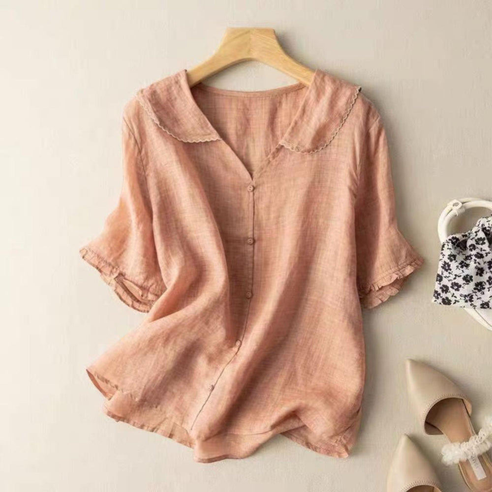 Woman wearing Orange Vintage Blouse with button-front, flowing | Lunova