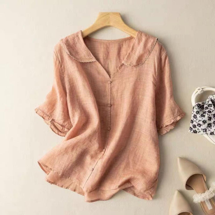 Woman wearing Orange Vintage Blouse with button-front, flowing | Lunova