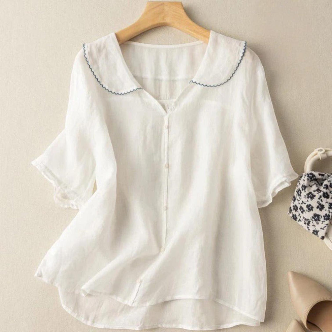 Woman wearing White Vintage Blouse with button-front, flowing | Lunova