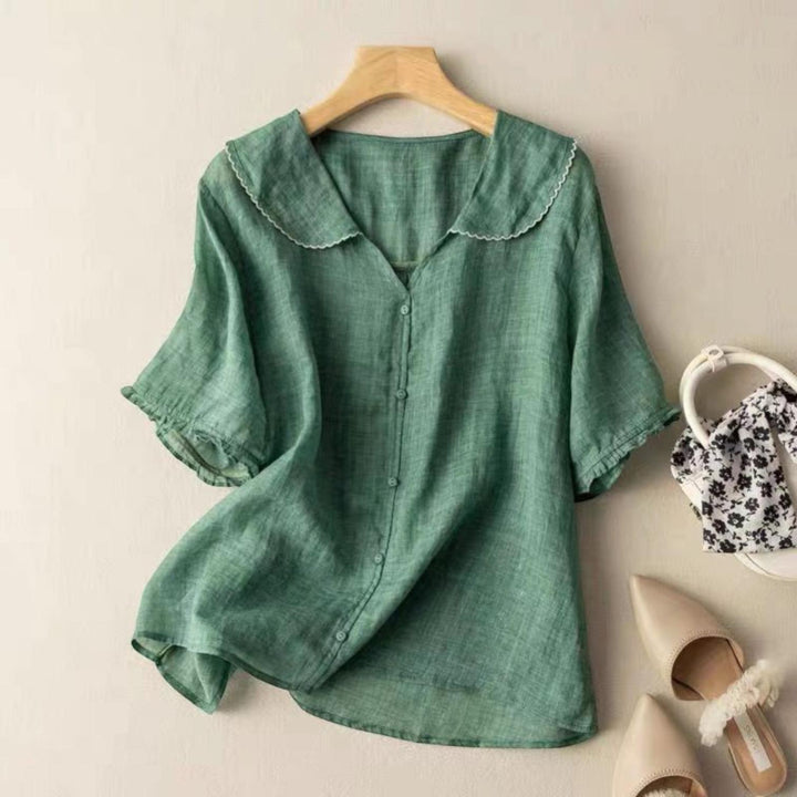 Woman wearing Green Vintage Blouse with button-front, flowing | Lunova