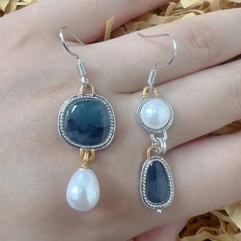 Vintage Blue Gem & Pearl Earrings-Lunova Fashion