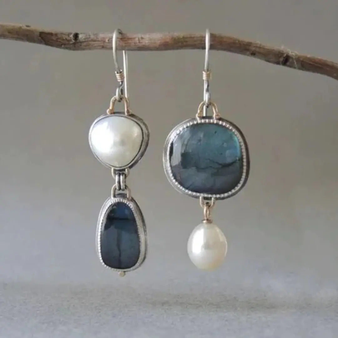 Vintage Blue Gem & Pearl Earrings-Lunova Fashion