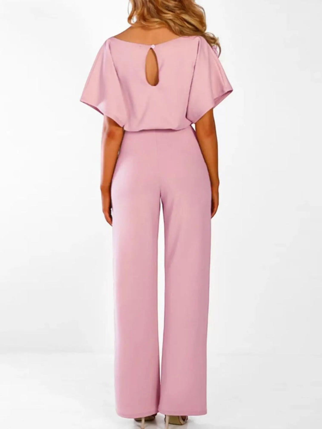 Woman wearing Waist Tie Jumpsuit with full-length, wide-leg — view 3 | Lunova
