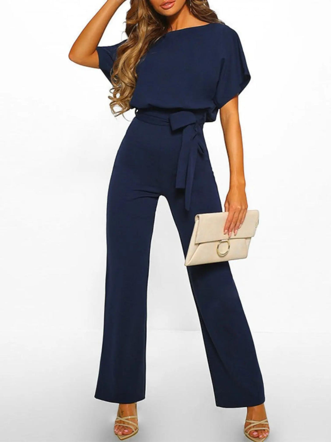 Woman wearing Dark Blue Waist Tie Jumpsuit with full-length, wide-leg | Lunova