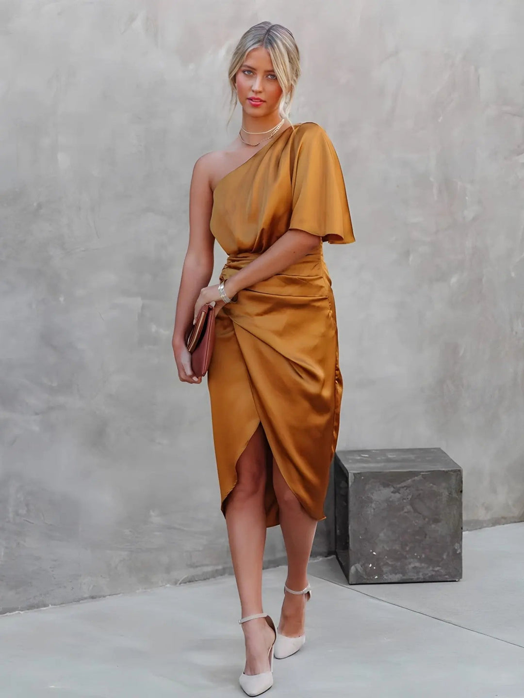 Woman wearing Gold Warp Midi Dress with wrap, one-shoulder | Lunova