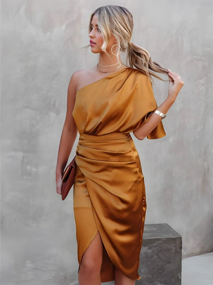 Woman wearing Warp Midi Dress with wrap, one-shoulder — view 8 | Lunova
