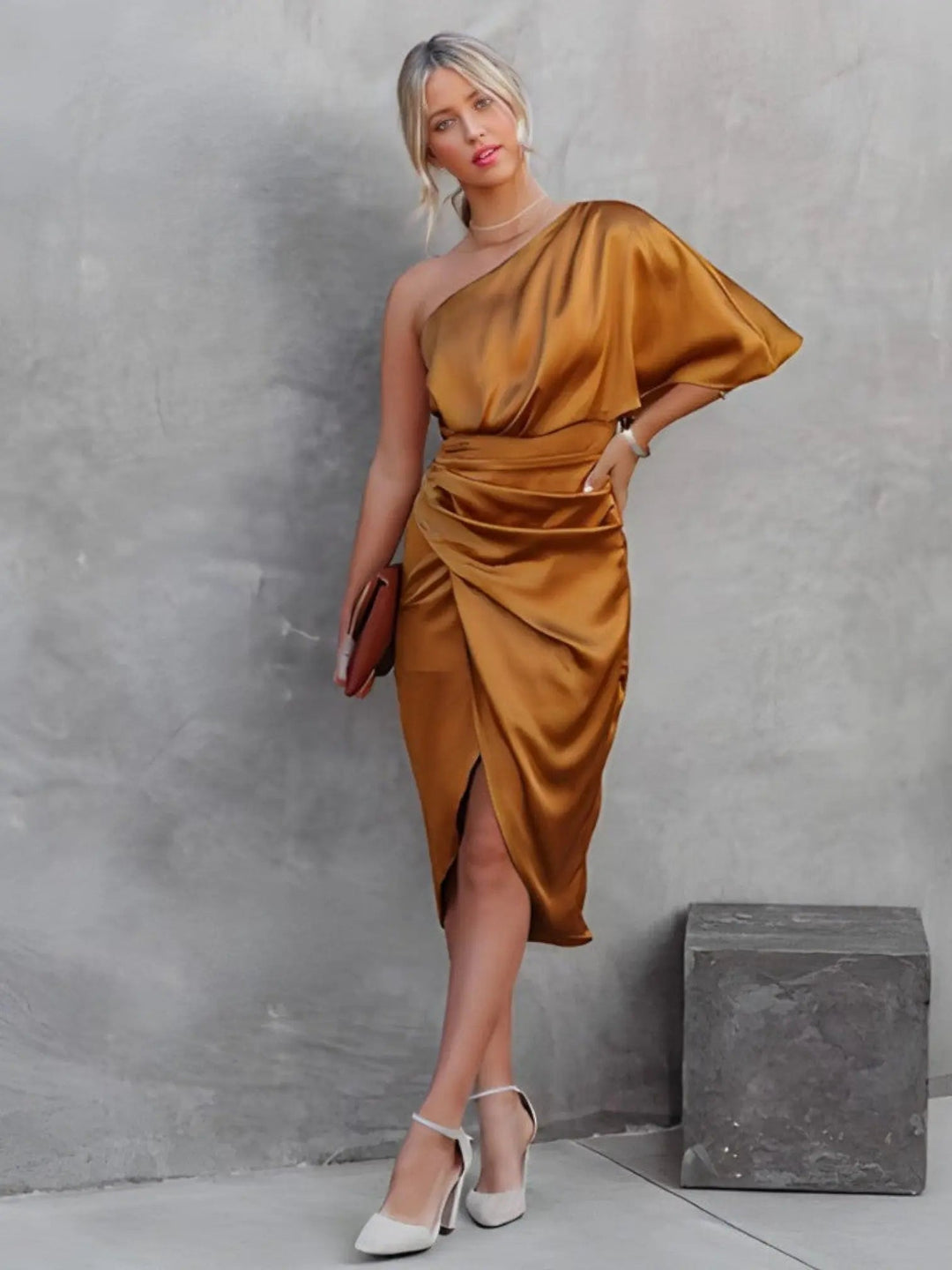 Woman wearing Warp Midi Dress with wrap, one-shoulder — view 9 | Lunova