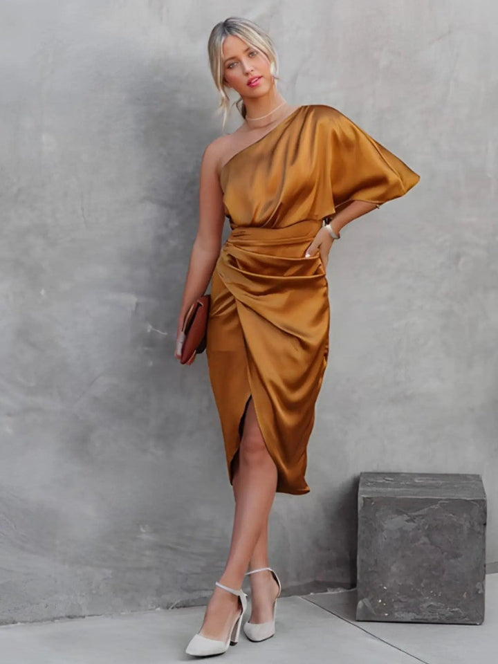 Woman wearing Warp Midi Dress with wrap, one-shoulder — view 9 | Lunova