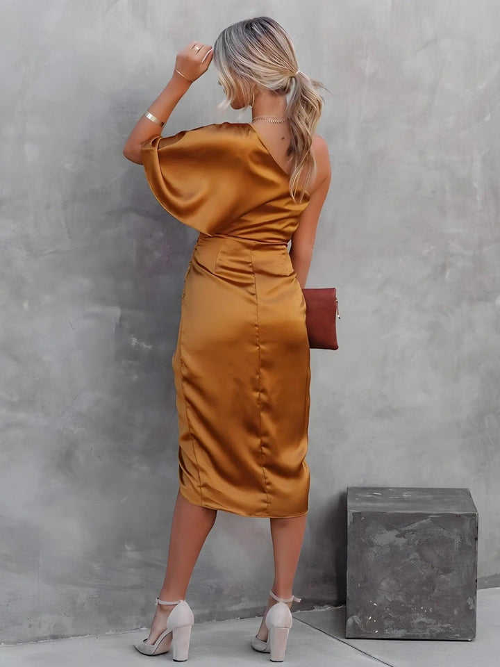 Woman wearing Warp Midi Dress with wrap, one-shoulder — view 10 | Lunova