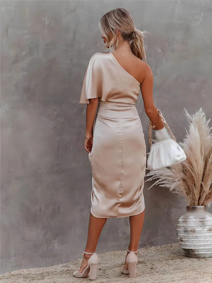 Woman wearing Warp Midi Dress with wrap, one-shoulder — view 14 | Lunova