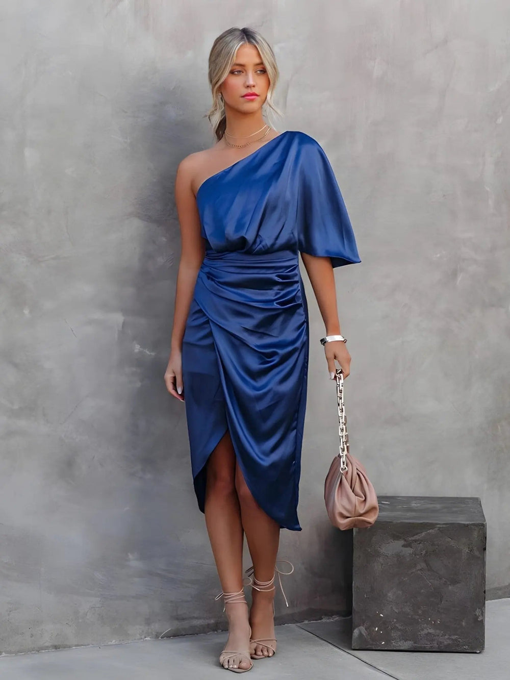 Woman wearing Blue Warp Midi Dress with wrap, one-shoulder | Lunova