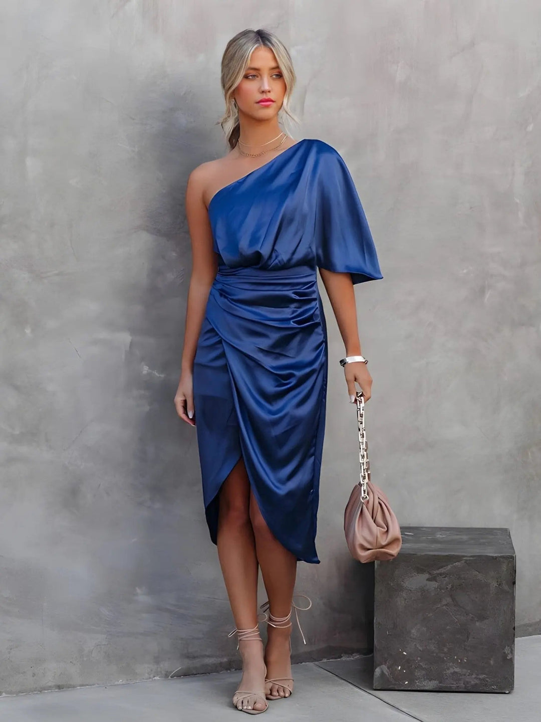 Woman wearing Blue Warp Midi Dress with wrap, one-shoulder | Lunova