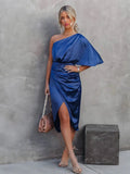 Woman wearing Warp Midi Dress with wrap, one-shoulder | Lunova