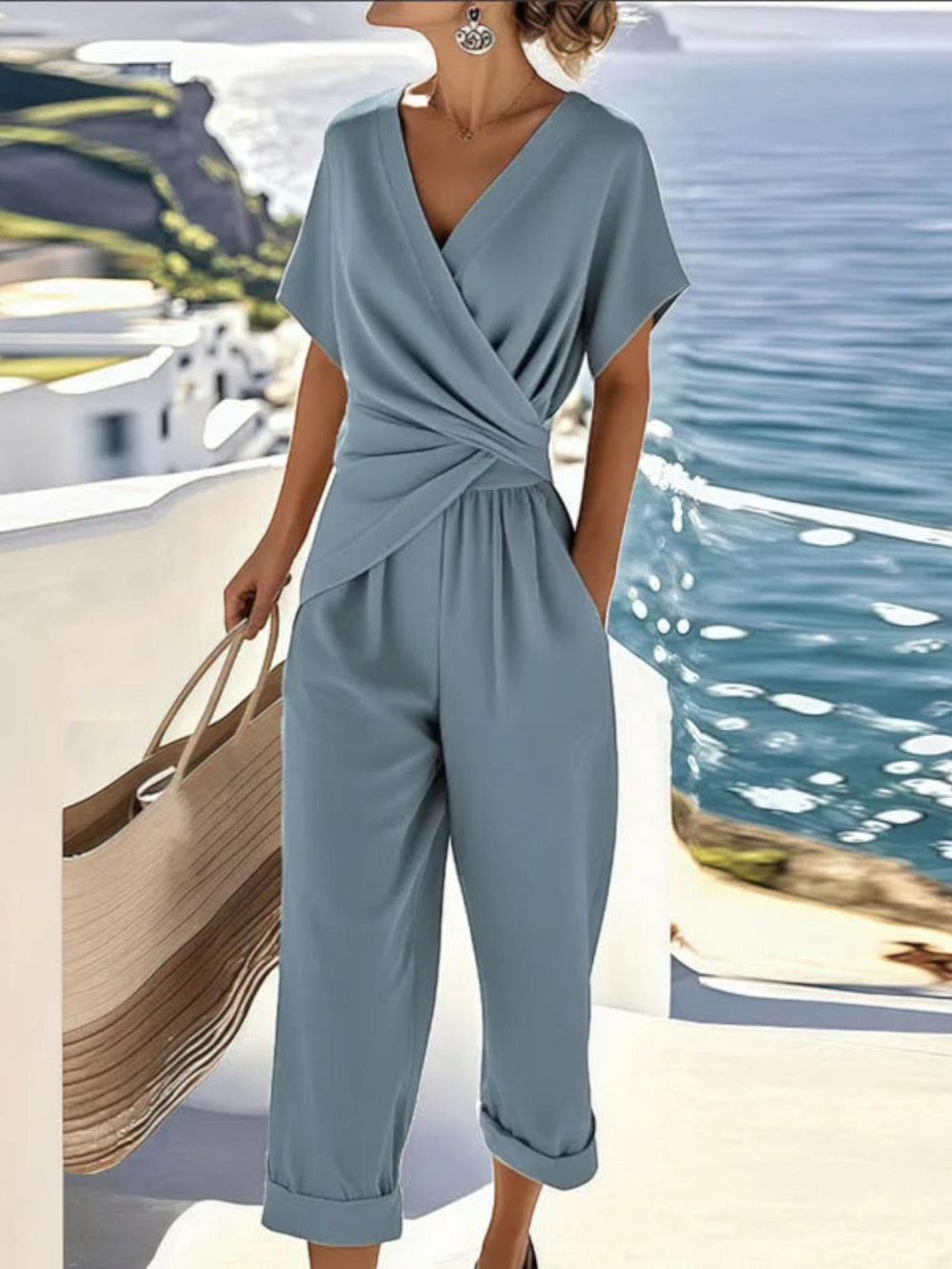 Woman wearing Blue Warp Two-Piece Set | Lunova