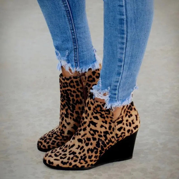 Brown Wedge Ankle Boots with leopard print, platform