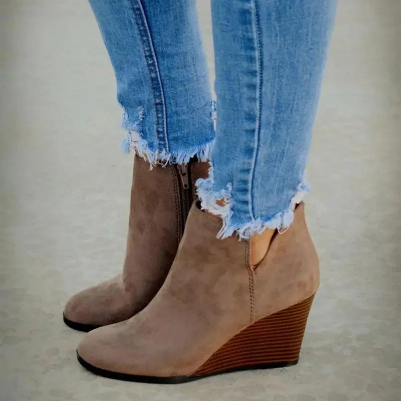 Khaki Wedge Ankle Boots with leopard print, platform