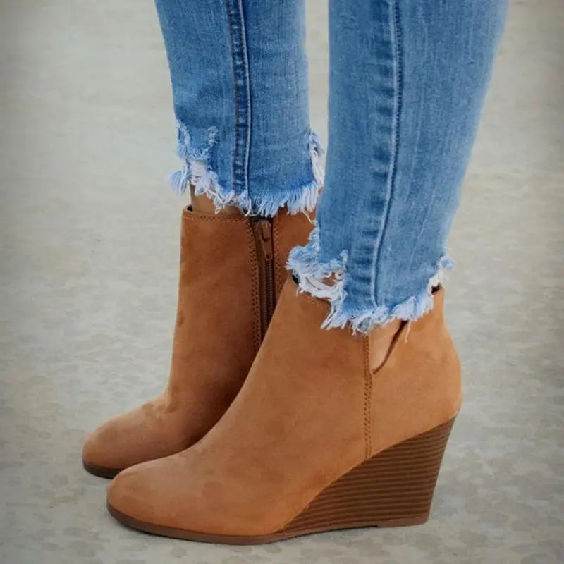 Brown Wedge Ankle Boots with leopard print, platform | Lunova