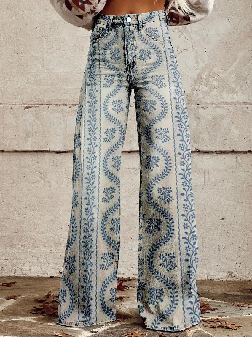 Wide-Leg Printed Jeans-Lunova Fashion