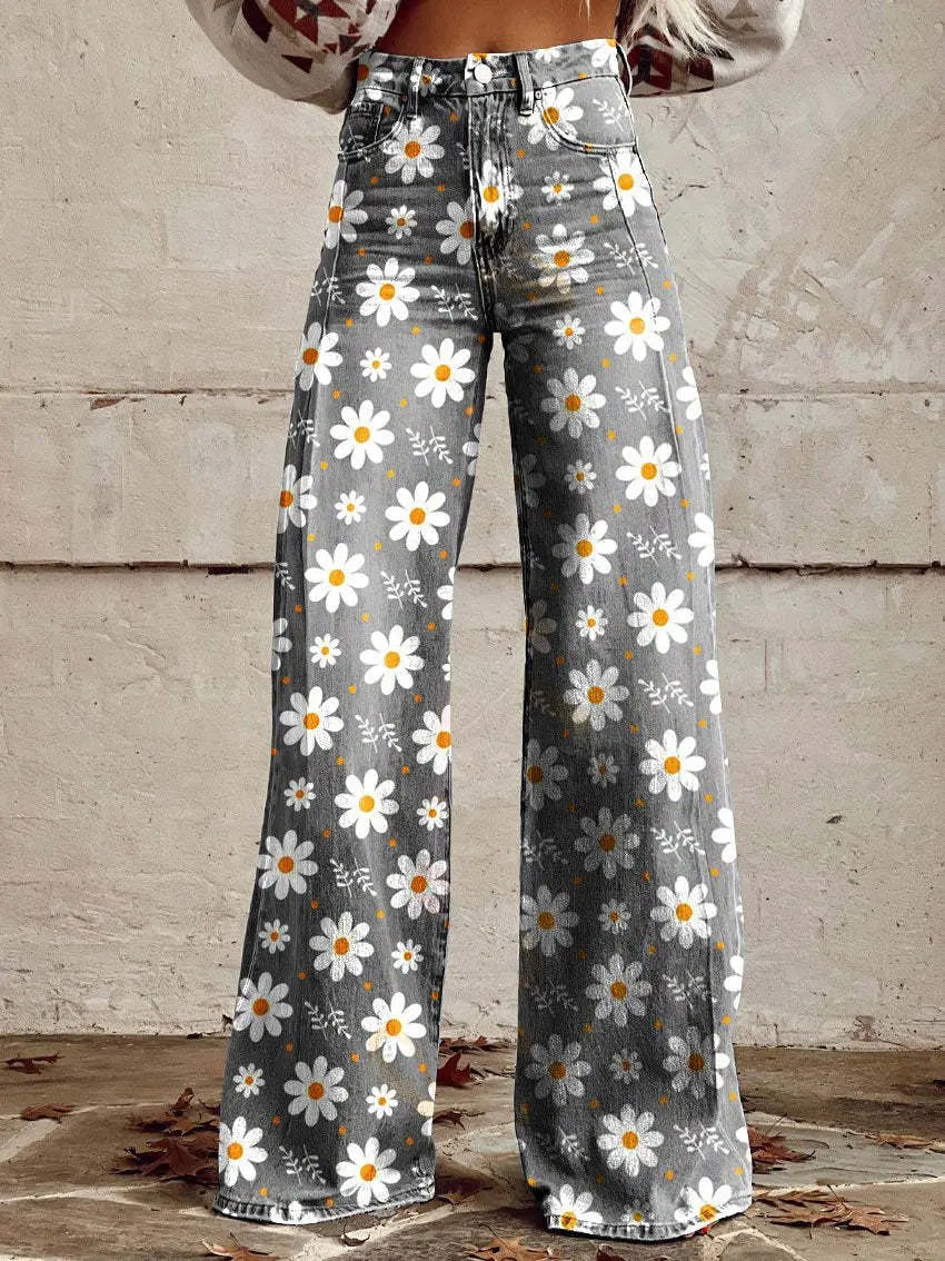 Wide-Leg Printed Jeans-Lunova Fashion