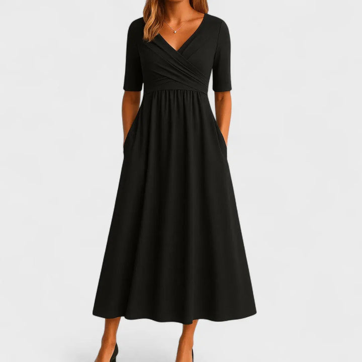 Woman wearing Black Women's Midi Dress with V-neck | Lunova