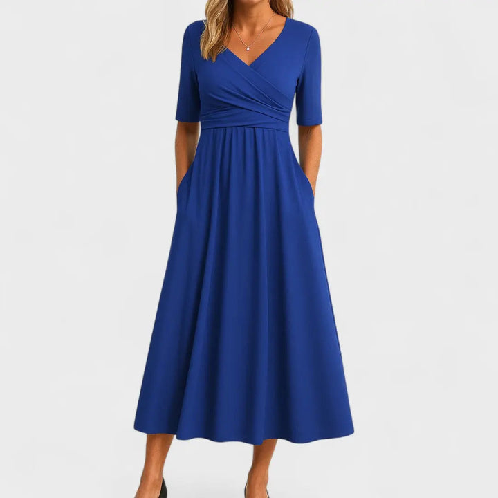 Woman wearing Dark Blue Women's Midi Dress with V-neck | Lunova