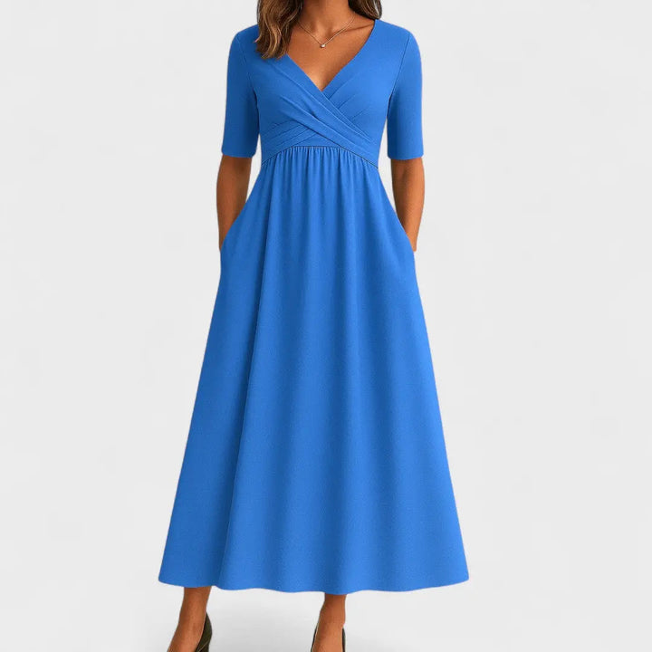 Woman wearing Blue Women's Midi Dress with V-neck | Lunova