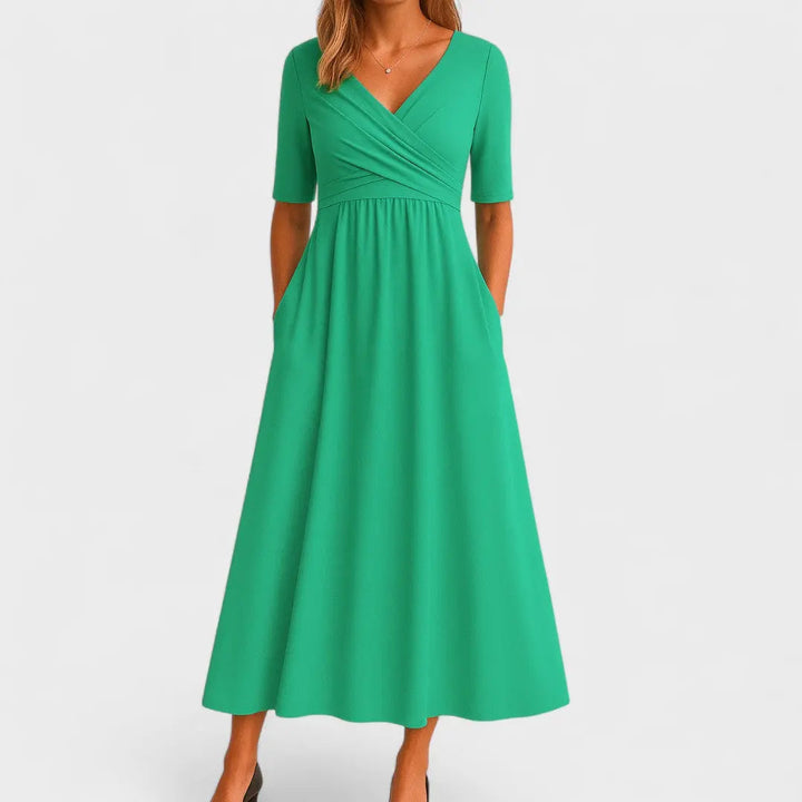 Woman wearing Green Women's Midi Dress with V-neck | Lunova