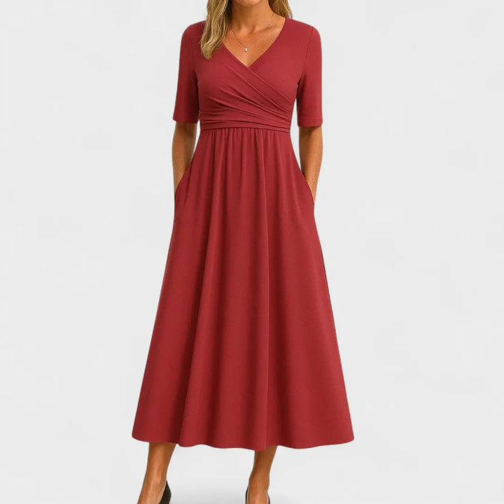 Woman wearing Red Women's Midi Dress with V-neck | Lunova