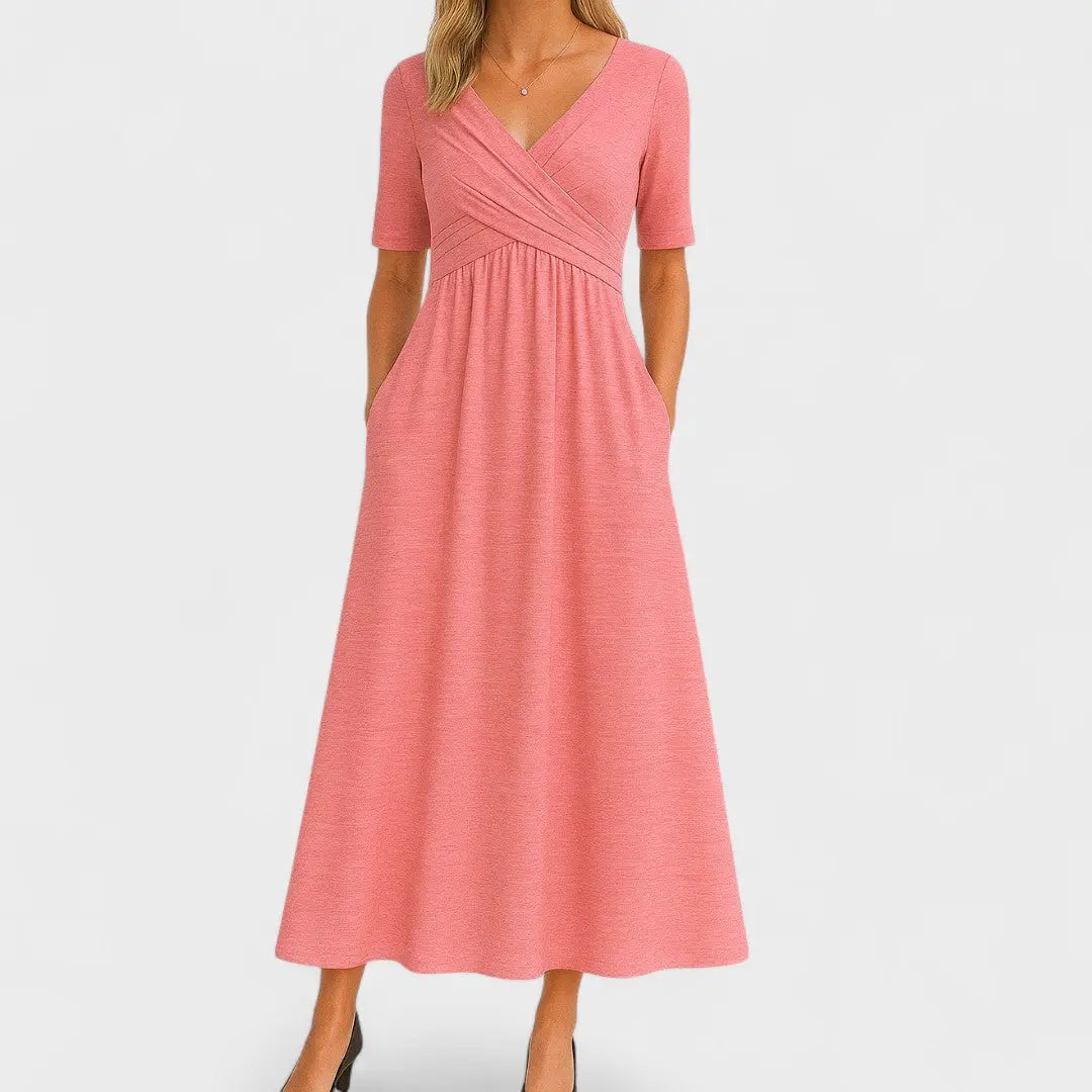 Woman wearing Pink Women's Midi Dress with V-neck | Lunova