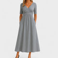 Woman wearing Grey Women's Midi Dress with V-neck | Lunova